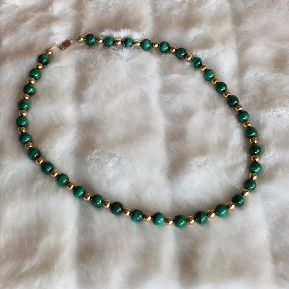 Malachite and 14k Gold Necklace 24=inches long.
